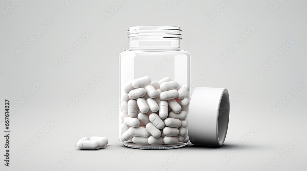 Clear transparent glass medicine bottle with tablets pill isolated on ...