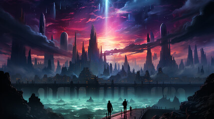 Wall Mural - fantasy world palace view of psychedelic smoky clouds and stars, beautiful colorful painting generative ai