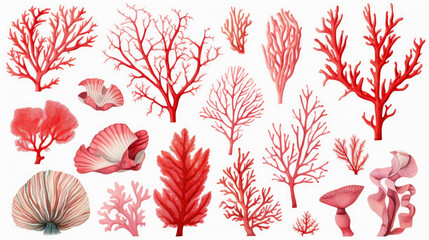 Watercolor Red Coral collection on white background