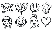 Black Spray Paint Graffiti Emoji Of Smiling Face, Heart, Skull And Ghost. Street Art Set Of Ink Drip Splatter Face Emoticon Characters In Hand Drawing Style. Painted Urban Elements On White Background