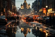 Vibrant And Bustling Arbat Street In Moscow, Known For Its Street Performers And Art, Generative AI 