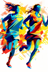 Wall Mural - Female athlete runners doing a training exercise for a sports race event by jogging and running shown in a contemporary athletic abstract design, Generative AI stock illustration image