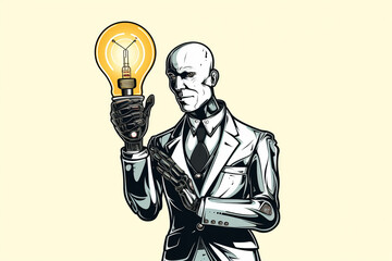 Poster - A line art representation of a robot holding a lightbulb, symbolizing AI's innovative and creative potential.