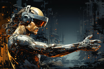 Poster - A illustration of a robot arm manipulating a virtual reality headset, indicating AI's involvement in VR technology.