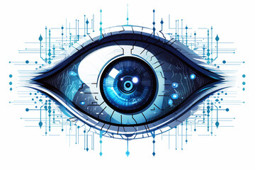 Poster - A robotic eye with binary code reflections, signifying AI's vision and visual processing capabilities.