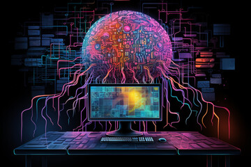 Poster - A computer monitor displaying AI algorithms and neural networks, indicating AI technology in action.