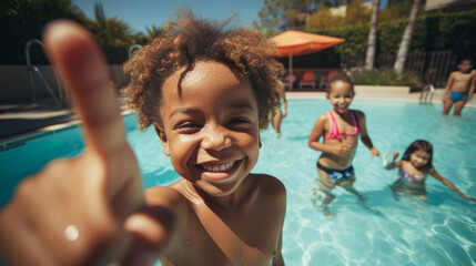 Group of diverse kids in swimming pool. Safe holiday fun activity