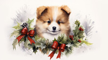 Stockphoto, Animal Puppy In Christmas Wreath Watercolor Isolated On White Background. Beautiful Christmas Design For Postcard Or Invitation. Cute Sweet Dog. Cute Puppy.