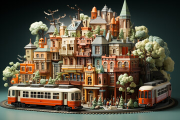Poster - A miniature toy train with cars carrying tiny cargo, representing various goods being transported.  Generative AI technology.