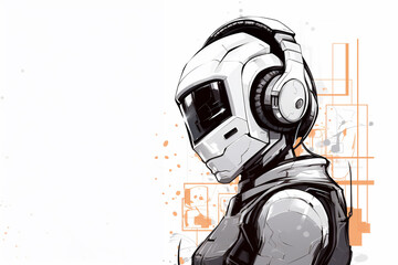 Poster - A line art depiction of a robot wearing headphones, suggesting AI's role in speech recognition and natural language processing.