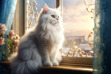 Poster - A fluffy Persian cat sitting majestically on a windowsill, showcasing the elegance and grace of domestic feline companions.