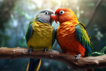 Aufkleber - A pair of lovebirds perched side by side, symbolizing the affection and strong bond between these small parrot species and their owners. 