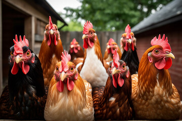 Fototapete - A group of hens in a backyard coop, reflecting the trend of urban chicken-keeping and sustainable egg production. 