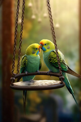 Fototapete - A pair of parakeets perched on a swing in their cage, showcasing the charm and lively nature of these popular pet birds. 