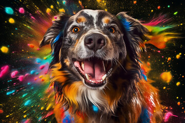 Wall Mural - An vibrant photograph of a Dog splashed in bright paint, contemporary colors and mood social background.  