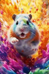 Fototapete - An abstract surreal photograph of a Hamster splashed in bright paint, contemporary colors and mood social background. 