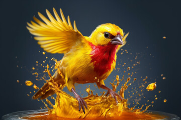 Fototapete - An vibrant photograph of a Canary splashed in bright paint, contemporary colors and mood social background.  