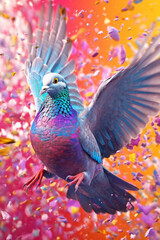 Fototapete - An abstract surreal photograph of a Pigeon splashed in bright paint, contemporary colors and mood social background. 