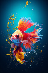 Fototapete - An abstract surreal photograph of a Guppy fish splashed in bright paint, contemporary colors and mood social background. 