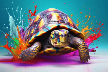 Fototapete - An vibrant photograph of a Tortoise splashed in bright paint, contemporary colors and mood social background. 
