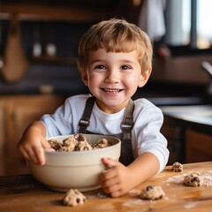Wall Mural - Adorable child stirring cookie dough with a wooden spoon