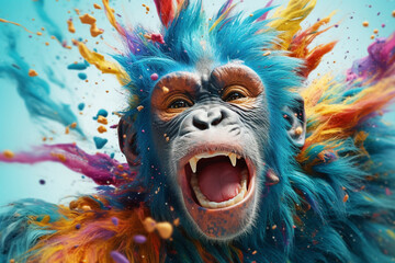 Aufkleber - An vibrant photograph of a Monkey splashed in bright paint, contemporary colors and mood social background.  