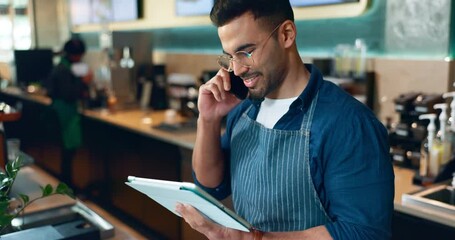 Poster - Man, phone call and tablet for restaurant communication, online management or customer service in cafe. Small business owner, waiter or barista on mobile and digital inventory for coffee shop startup
