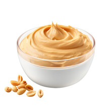 peanut butter cream in a bowl with peanut beans isolated on transparent background cutout