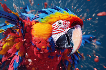 Fototapete - An vibrant photograph of a Parrot splashed in bright paint, contemporary colors and mood social background. 