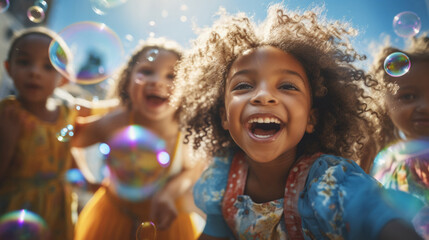 Wall Mural - Group of diverse kids with bubbles. Exciting outdoor weekend fun activity