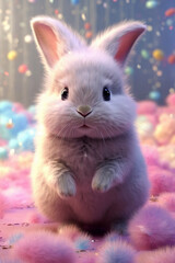 Wall Mural - A charming bunny with fluffy fur covered in delicate pastel paint drips, capturing the innocence and cuteness of these beloved pets.