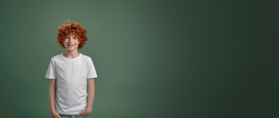 Happy positive smiling attractive redheaded teenage boy with curly hair looking at camera wearing casual trendy t-shirt standing isolated on green background over studio copy space background.