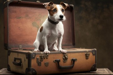 The dog is on the suitcase, the dog goes on a journey, the journey of the dog, digital art style, illustration painting