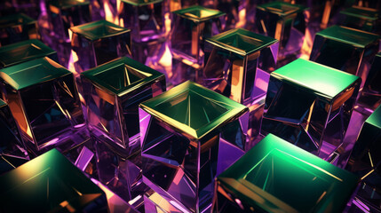 Green purple crystals glass cubes wallpaper, background with abstract light shine in 3D