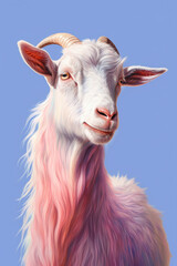 Poster - A pastel-colored Goat with a majestic mane, rendered in soft hues of pink, purple, and blue, exuding a serene and regal presence.  