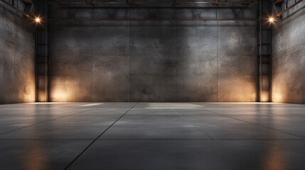 Neon Blue Orange Spaceship Led Industrial Realistic Sci Fi Futuristic Modern Hangar Car Parking Underground Garage Warehouse Hallway Steel Concrete Cement 3D Rendering Illustration