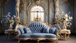 Color palette of royal blue, gold, and ivory in a living room, interior design, rococo baroque