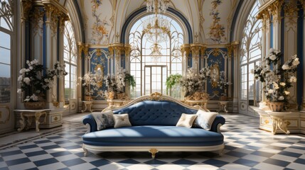 Wall Mural - Color palette of royal blue, gold, and ivory in a living room, interior design, rococo baroque