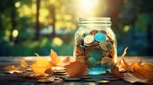 A Transparent Glass With Money Coins And Yellow Autumn Leaves Next To It On A Table