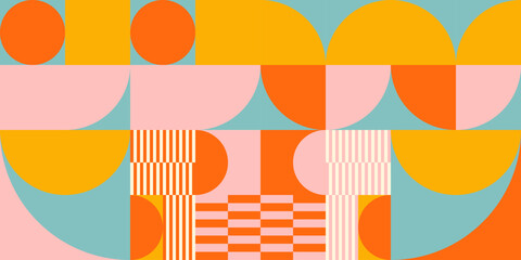Leinwandbilder - Retro geometric aesthetics. Bauhaus and avant-garde inspired vector background with abstract simple shapes like circle, square, semi circle. Colorful pattern in nostalgic pastel colors.
