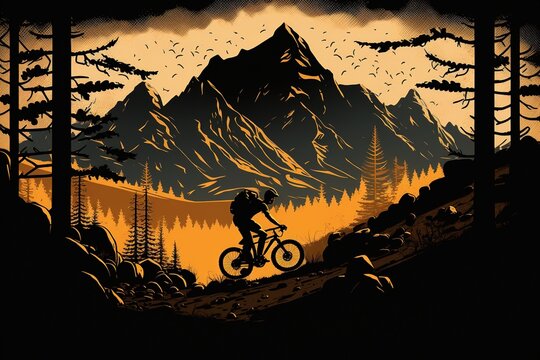 cyclist in mountain forest, cycling, digital art style, illustration painting