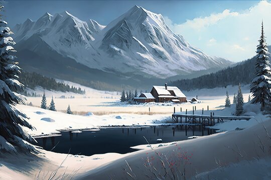 winter mountains, winter forest, landscape for winter, digital art style, illustration painting
