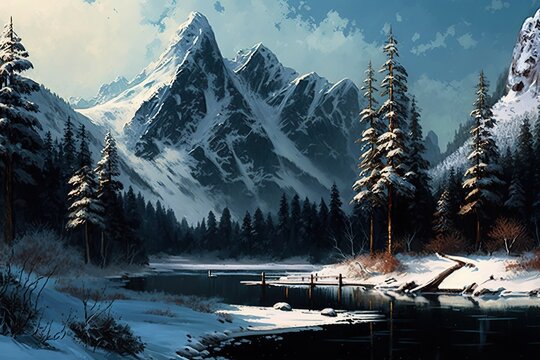 winter mountains, winter forest, landscape for winter, digital art style, illustration painting
