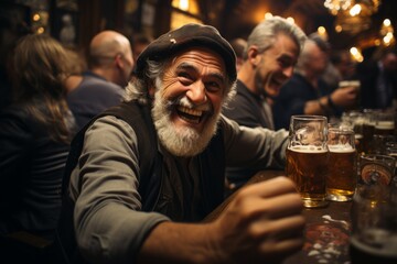 Wall Mural - Group of friends clinking their beer steins in a cheerful Prost! toast, Generative AI