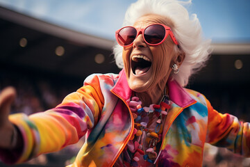 Stylish senior old woman with extravagant clothes and sunglasses. Carefree smiling positive pensioner wear trendy colourful outfit. Youthful senior people and lifestyle concept.