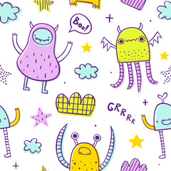 Wall Mural - seamless doodle pattern with sketch monsters for baby. scribble vector print with naive monsters for