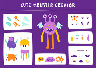Wall Mural - Funny monster constructor for kids. Custom cartoon monster creator from parts. Vector set of beast elements.