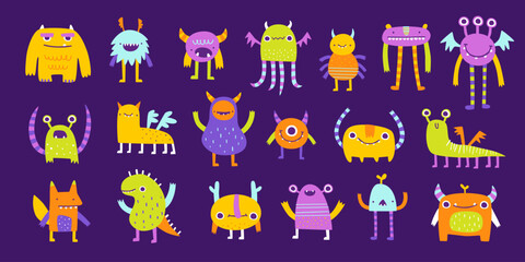 Wall Mural - big set of cute doodle monsters. vector collection of funny beasts for kids. bright cartoon monsters