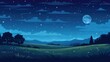 © Badger - Cartoon background of a serene beautiful green field with a starry sky, moonlight over the meadows, digital illustration, concept art