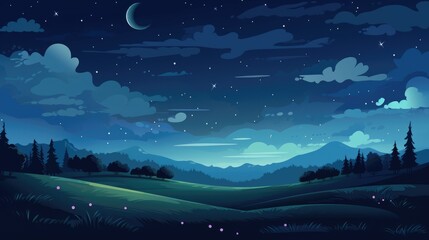 cartoon background of a serene beautiful green field with a starry sky, moonlight over the meadows, 